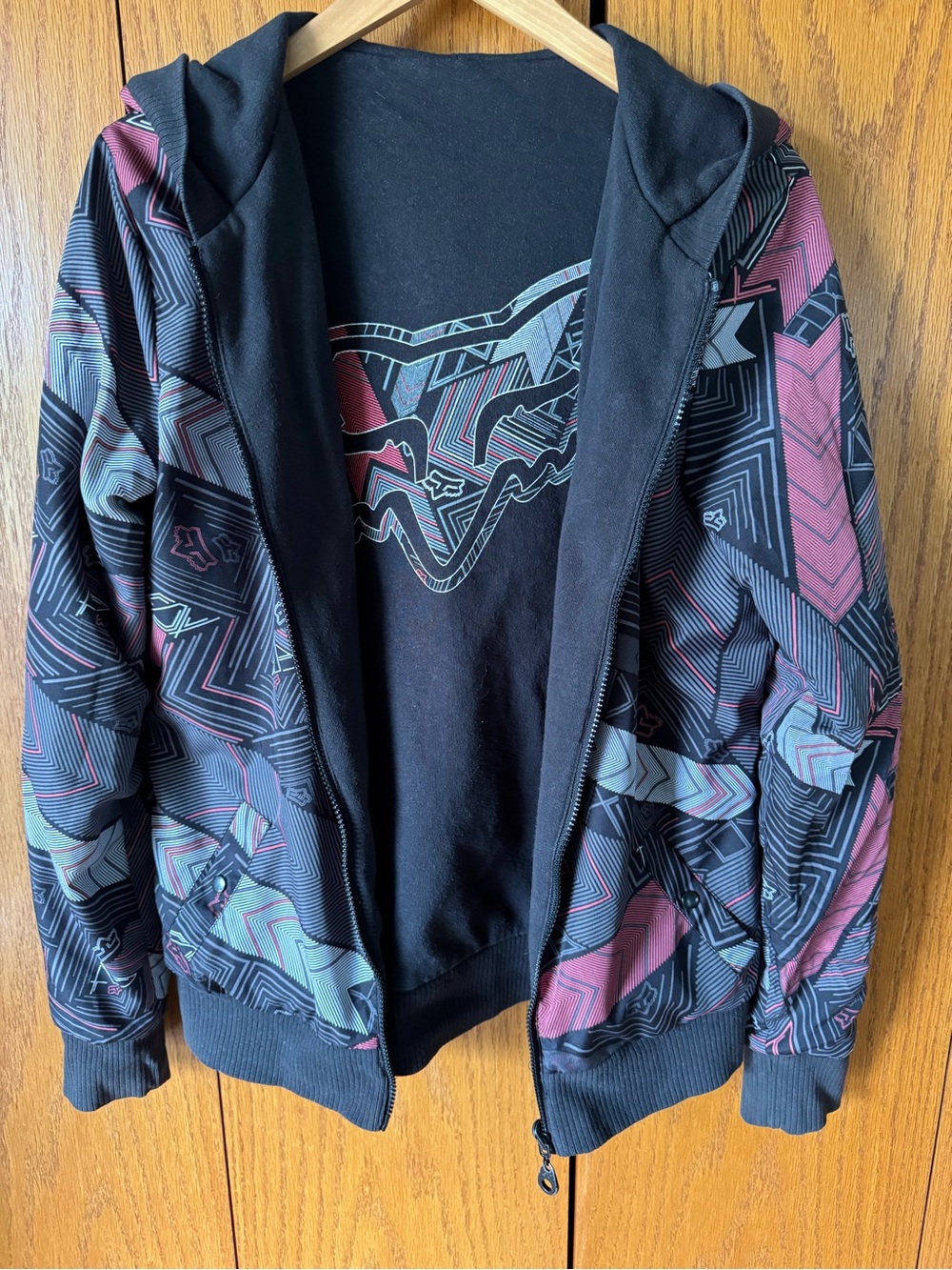 Vintage Fox Geometric Black, Maroon & Gray Zip Hoodie Y2K Fox Racing Reversible